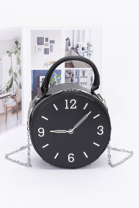 black faux leather clock novelty handbag