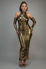 Gold Metallic Ruched Maxi Dress with keyhole sleeves