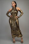 Gold Metallic Ruched Maxi Dress with keyhole sleeves