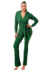 Green Belted Thick Knit Hooded Jumpsuit