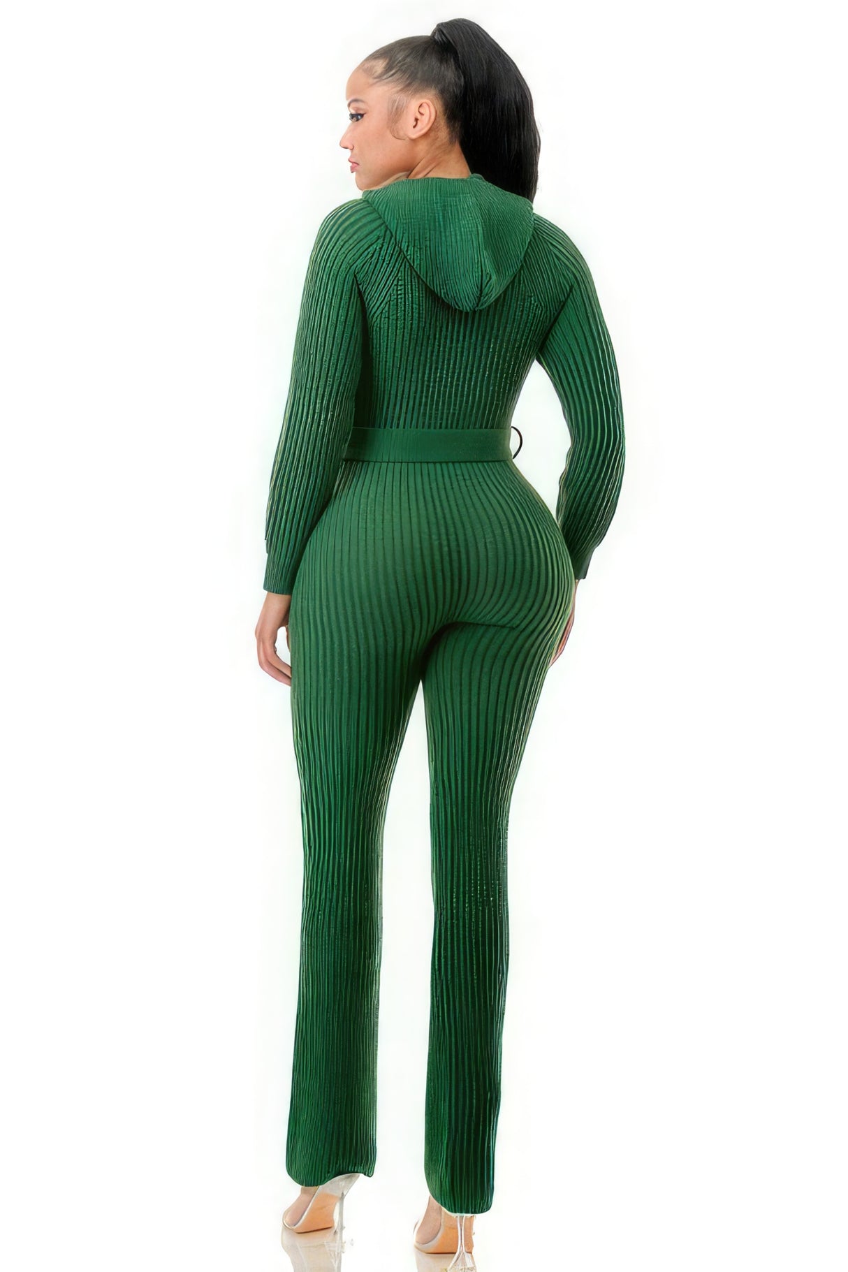 Green Belted Thick Knit Hooded Jumpsuit back