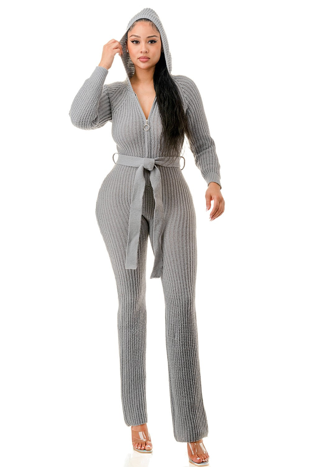 Grey Belted Thick Knit Hooded Jumpsuit