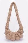 khaki pleated faux leather crossbody bag with puffed-up handle