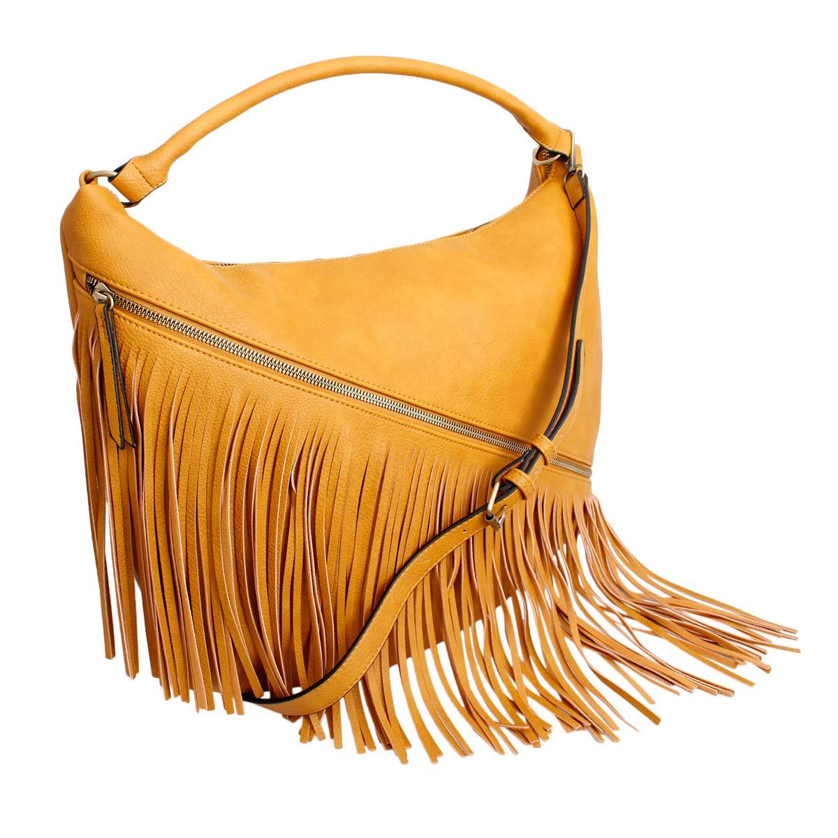 Purse Mustard Diagonal Fringe Hobo Bag for Women