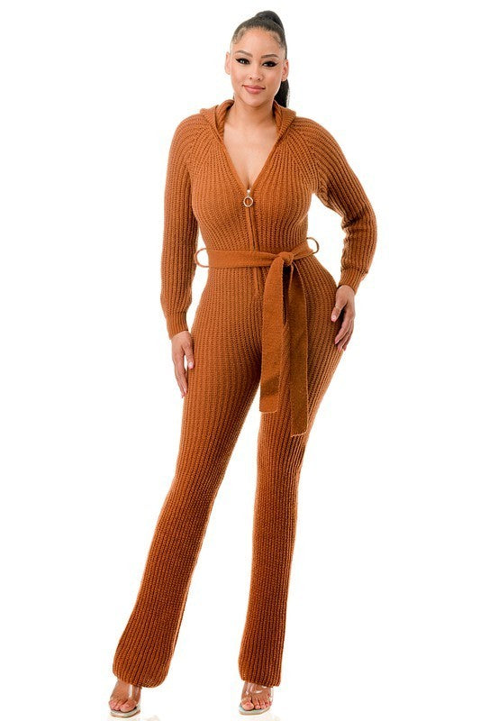 Mocha Belted Thick Knit Hooded Jumpsuit front