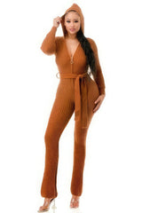 Mocha Belted Thick Knit Hooded Jumpsuit