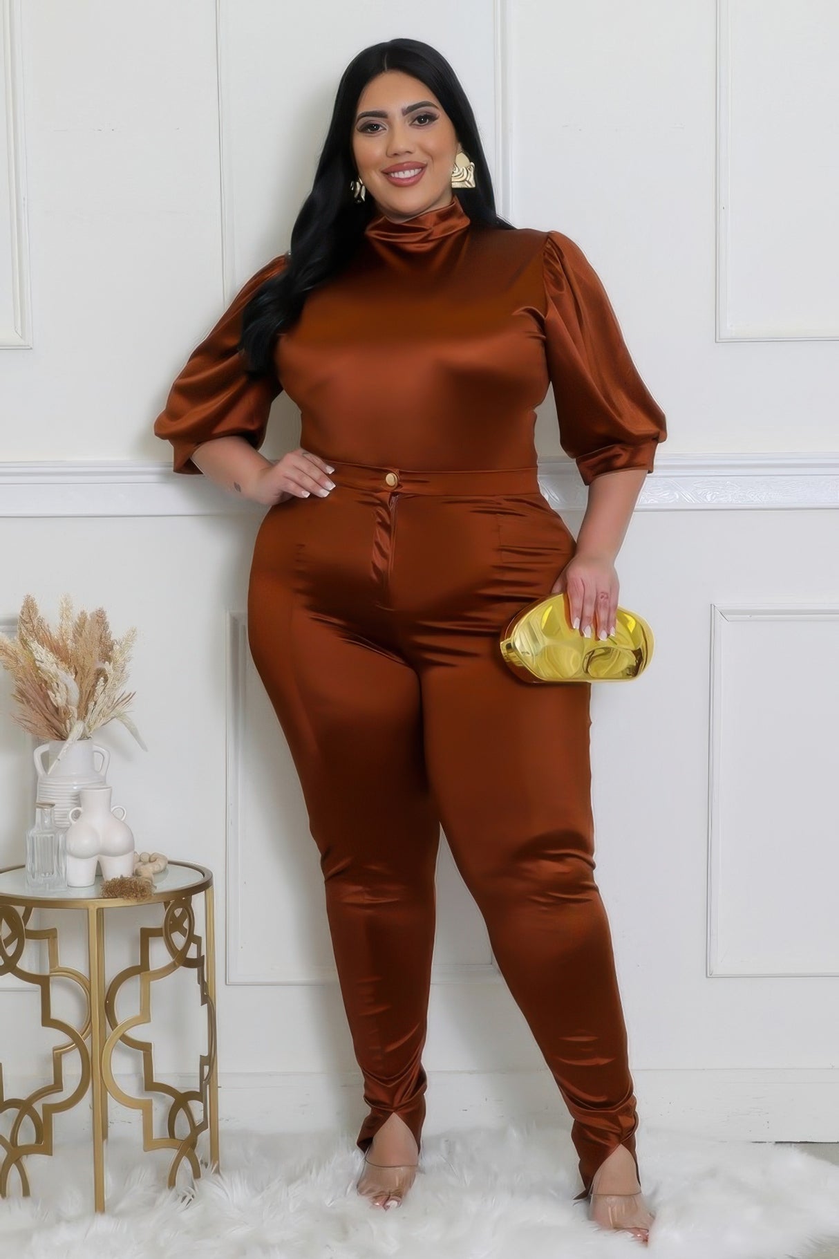 Mocha Plus Size Satin High-Waisted Pant Set