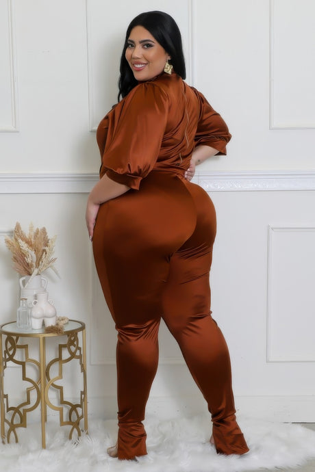 Mocha Plus Size Satin High-Waisted Pant Set side