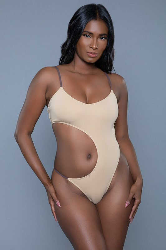 Nude color Amelia One Piece Brazilian Swimsuit with round neckline, padded top, adjustable straps, cut-out waist design and high-cut Brazilian cut bottom