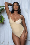 Nude color Charlotte One Piece Swimsuit with color block padded cups, adjustable straps, back keyhole hook and eye closure and moderate bottom coverage