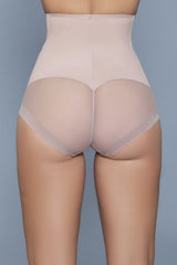 Nude high-waisted shapewear brief featuring a sheer mesh back panel for a sleek and seamless look