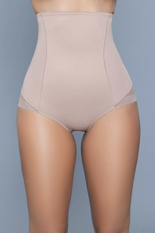 Nude high-waisted shapewear brief with smooth compression fabric and sheer mesh side panels