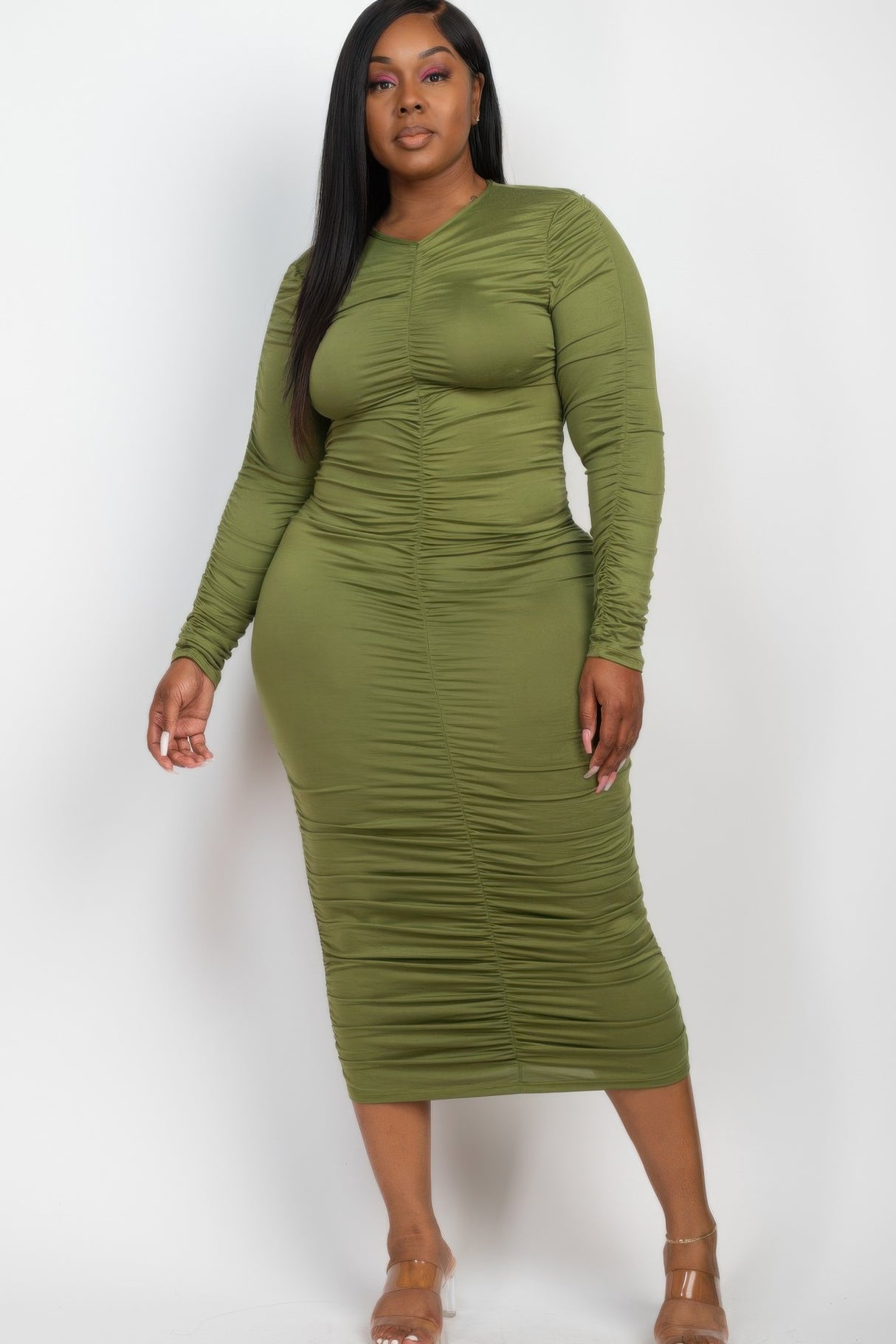 olive Plus Size Long Sleeve Ruched Midi Dress