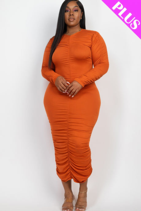 orange Plus Size Long Sleeve Ruched Midi Dress