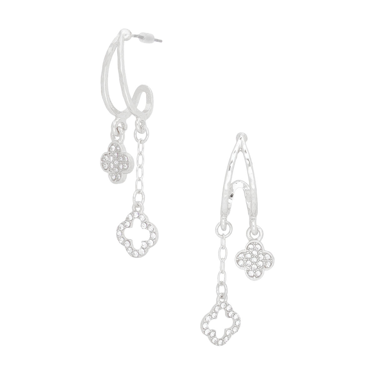 Dangle Silver Pave Clover Half Hoop Earrings Women