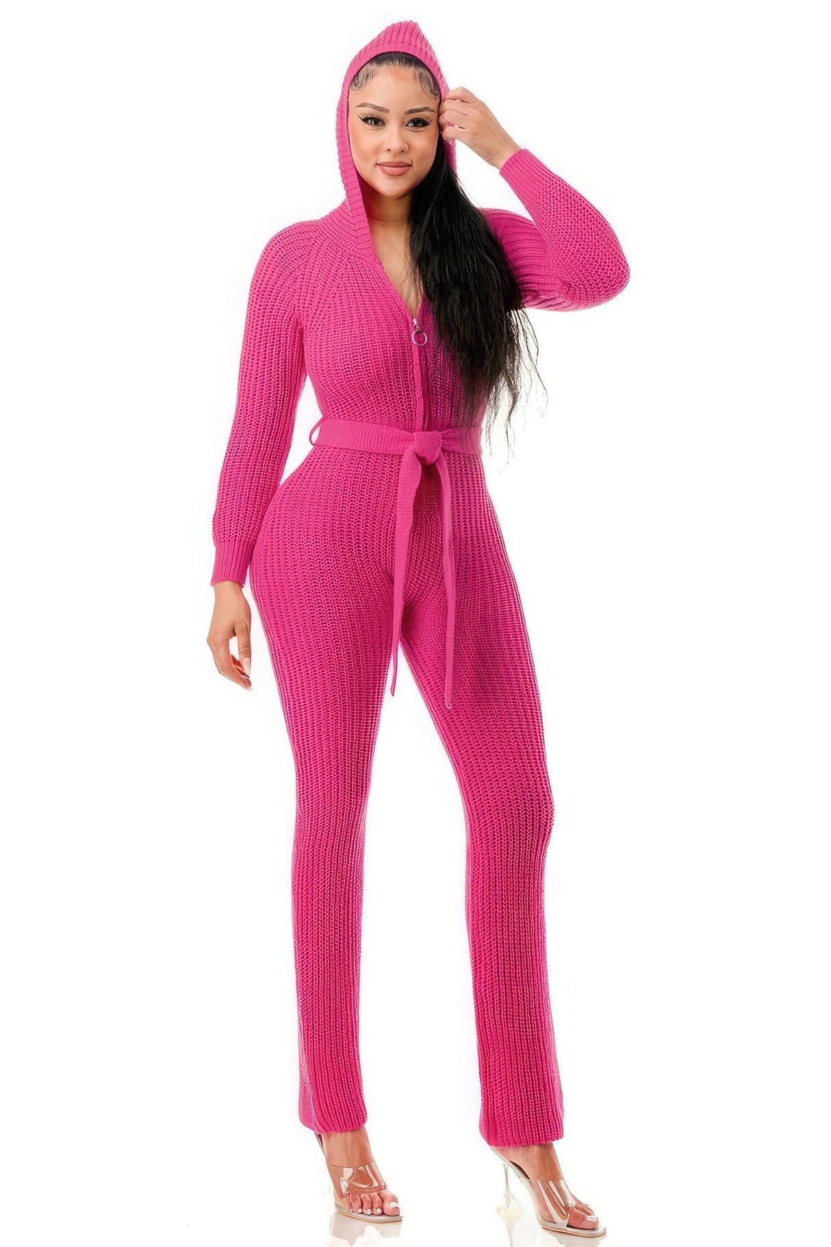 Pink Belted Thick Knit Hooded Jumpsuit