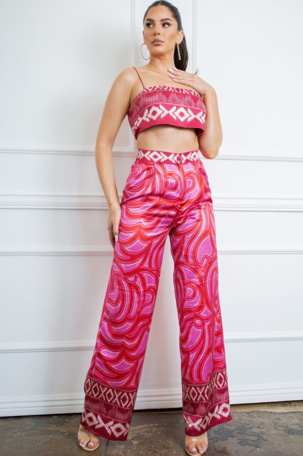 Pink with white and reddish\orange design Bra top and satin Wide leg pants set