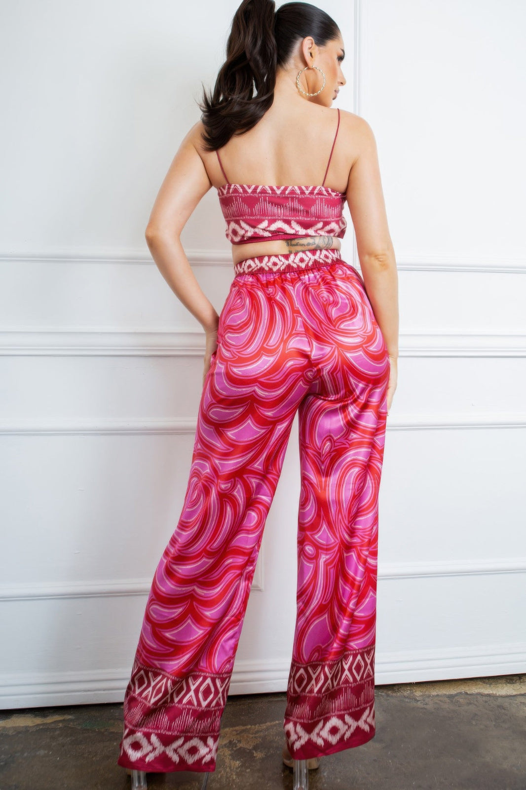 Pink with white and reddish\orange design Bra top and satin Wide leg pants set back