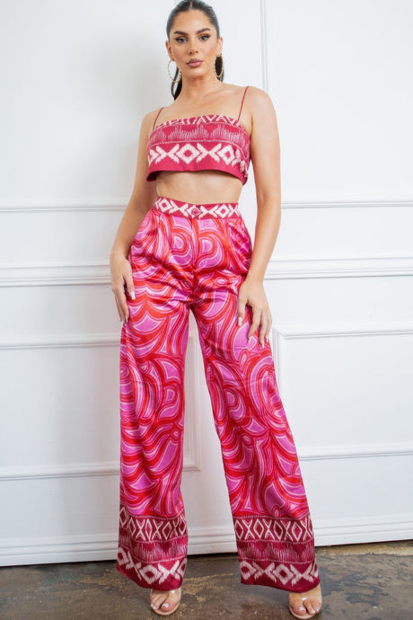 Pink with white and reddish\orange design Bra top and satin Wide leg pants set