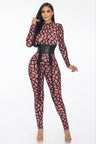 Pink See Through Geometric Printed Jersey Jumpsuit