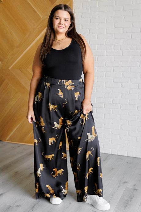 Royal Leopard Satin Wide Leg Pants