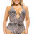 Plus Size Animal Print One-Piece Swimsuit with deep v-neck bow knot in front, halter neckline and crisis cross back