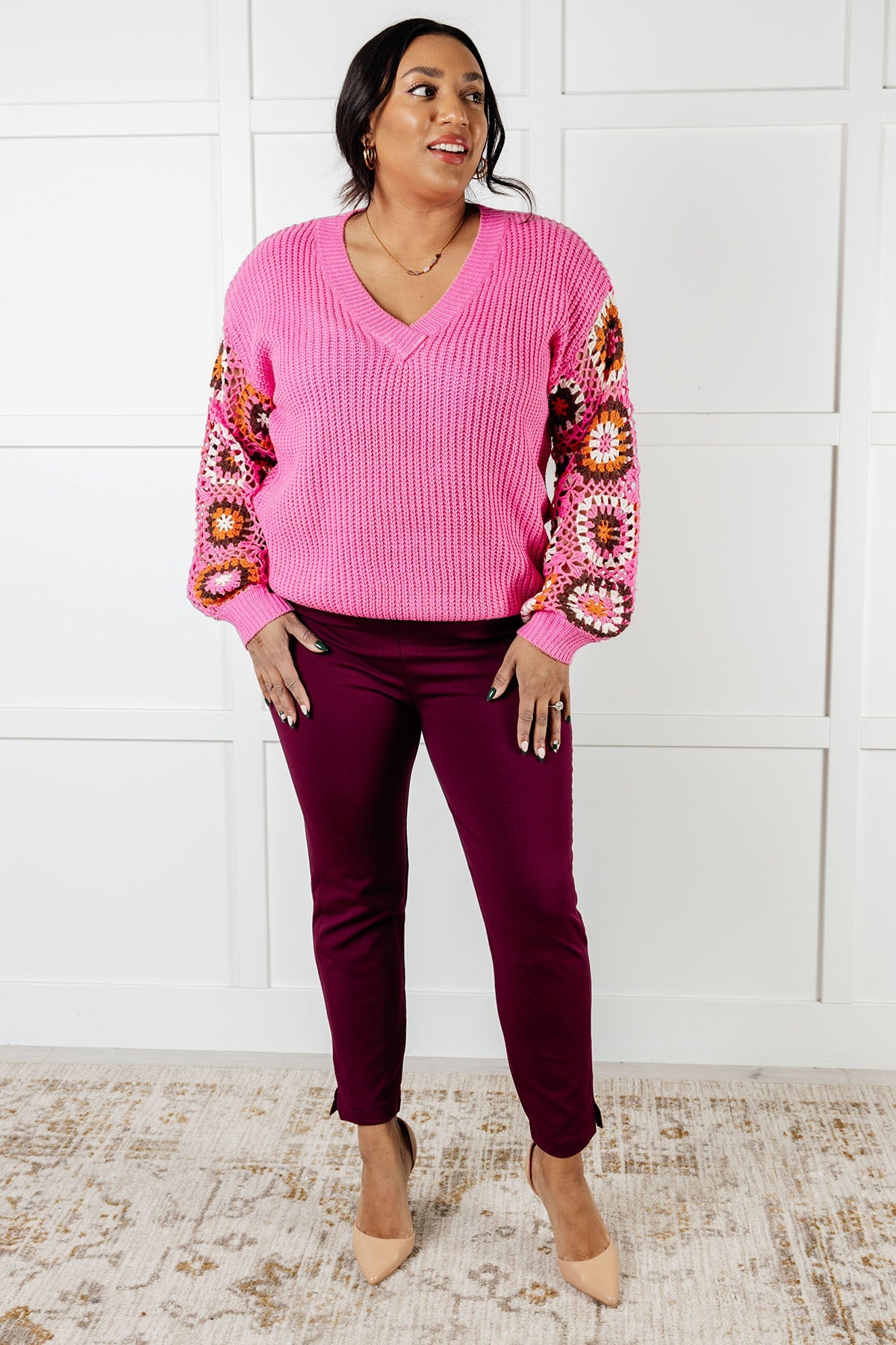 Plus Size Pink Crochet Sleeve V-Neck Sweater