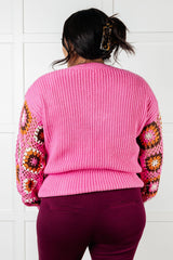 Plus Size Pink Crochet Sleeve V-Neck Sweater back