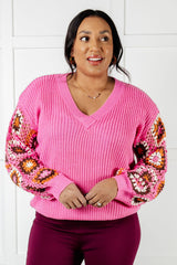 Plus Size Pink Crochet Sleeve V-Neck Sweater