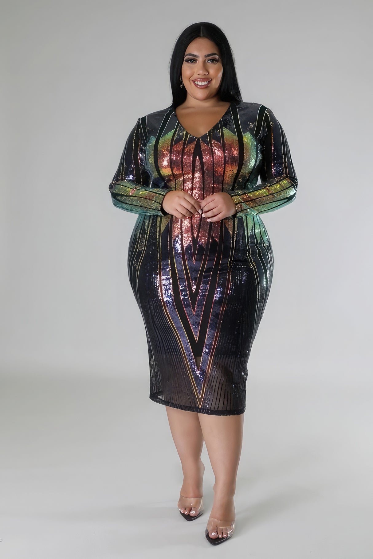 Plus Size Long Sleeve Sequin Midi Dress