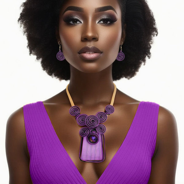 Necklace Vibrant Purple Striped Pendant Set Women