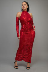 Red Metallic Ruched Maxi Dress with keyhole sleeves