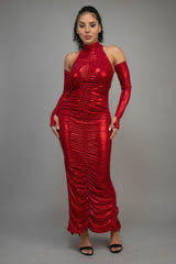 Red Metallic Ruched Maxi Dress with keyhole sleeves