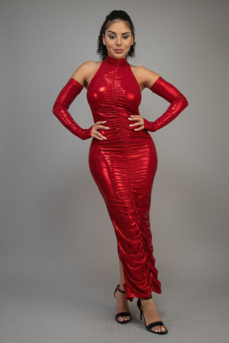 Red Metallic Ruched Maxi Dress with keyhole sleeves