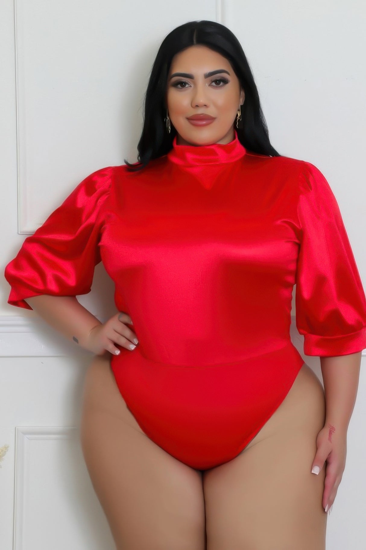 Red Plus Size Satin Bodysuit