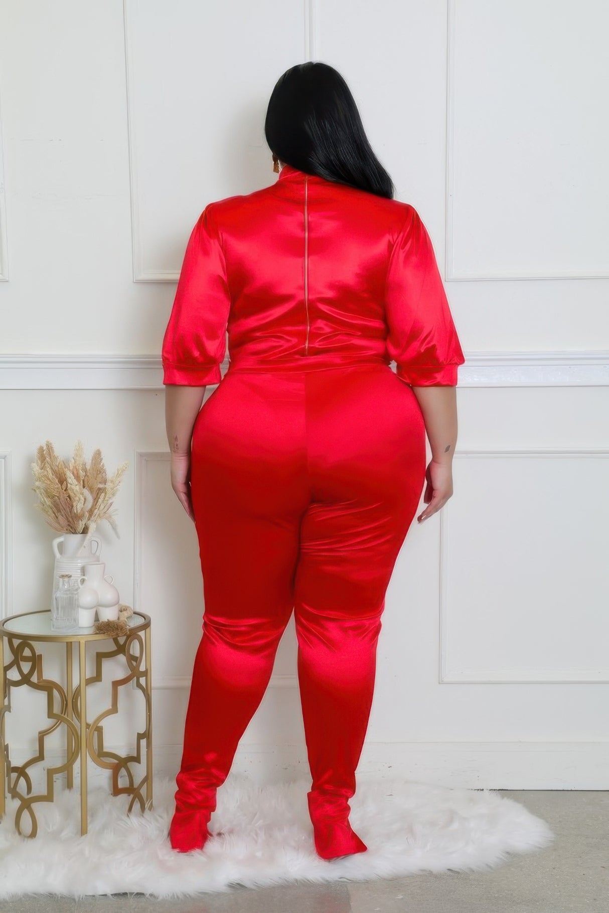 Red Plus Size Satin High-Waisted Pant Set back