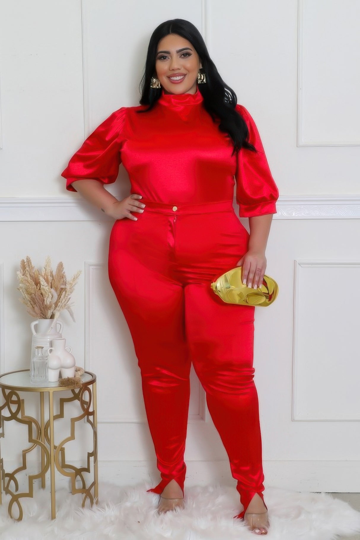 Red Plus Size Satin High-Waisted Pant Set