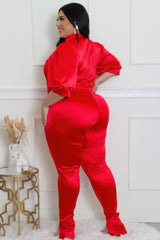 Red Plus Size Satin High-Waisted Pant Set side