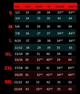 Symphony apparel size chart