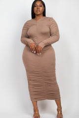 taupe Plus Size Long Sleeve Ruched Midi Dress