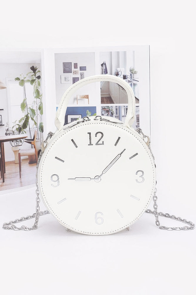 white faux leather clock novelty handbag