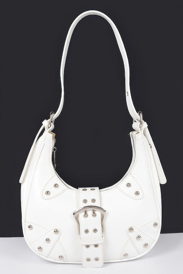 white Faux Leather Stud Single Buckle Shoulder Bag