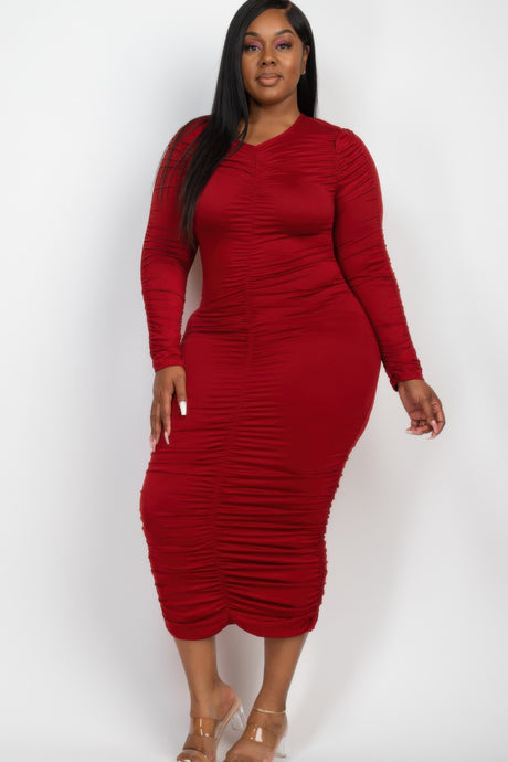 wine Plus Size Long Sleeve Ruched Midi Dress