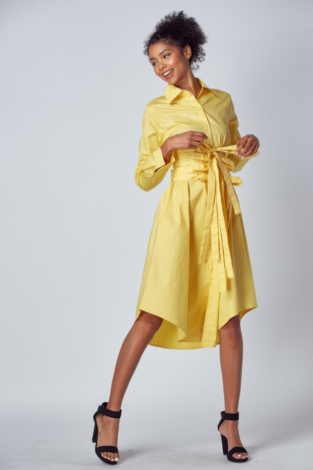 Yellow long sleeve dress with tie up detail