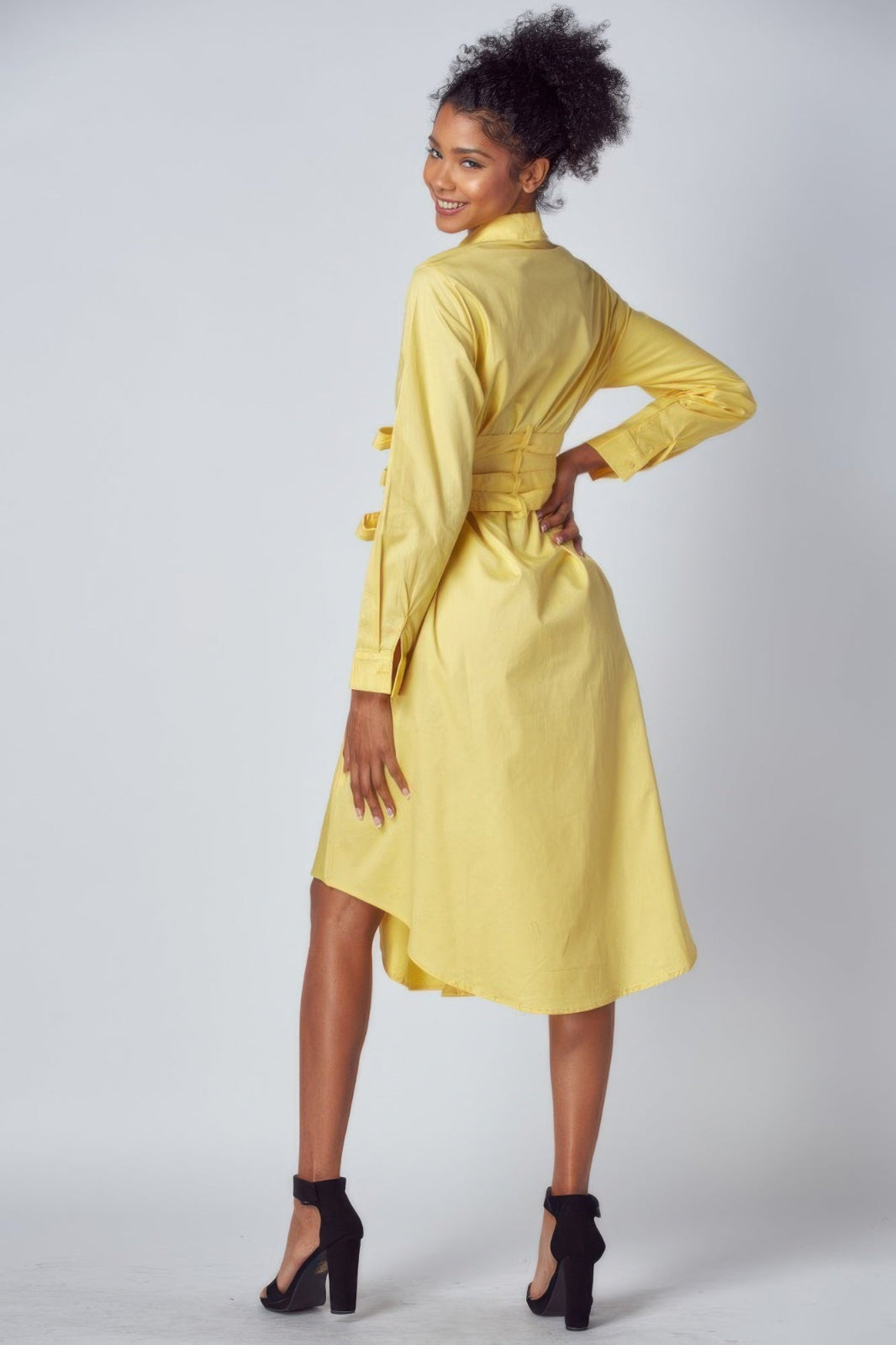 Yellow long sleeve dress with tie up detail side/back view