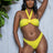 yellow two piece swimsuit with a ruched bandeau halter top, low rise bikini bottom and back hook closure