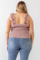 Plus Size Ruched Button-Up Ruffle Strap Smocked Back Tank Top