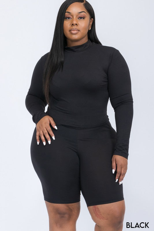 A plus size, mock-neck top and biker shorts set, perfect for a sporty and stylish look  Soft & light weight, high stretch jersey 