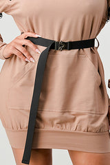 DOUBLE ZIPPER LONG SLEEVE HOODED MINI DRESS WITH AN ACCENT BELT + POCKET DETAILS. (SLEEVE ZIPPERS ARE DETACHABLE)