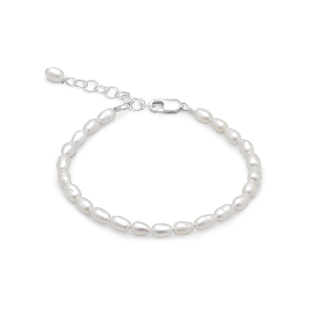5" + 1" sterling silver bracelet features 3.5mm x 5mm white rice pearl bracelet and has a lobster clasp closure. .925 Sterling Silver